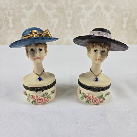 Set of 2 Trinket Boxes Ladies Wearing Hats Floral Accents on Base Resin Crystal - Picture 1 of 16